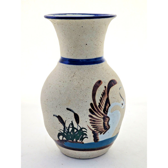 VASE-TONALA-MEXICAN-Cream Rough Finish-Blue Trim-Bird-Hand Painted-8" Tall - Picture 3 of 9